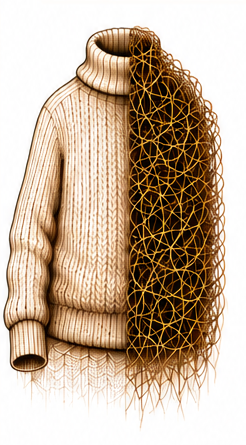 Illustration eines Pullovers, dessen eine Seite sich in ein Fasziennetz auflöst